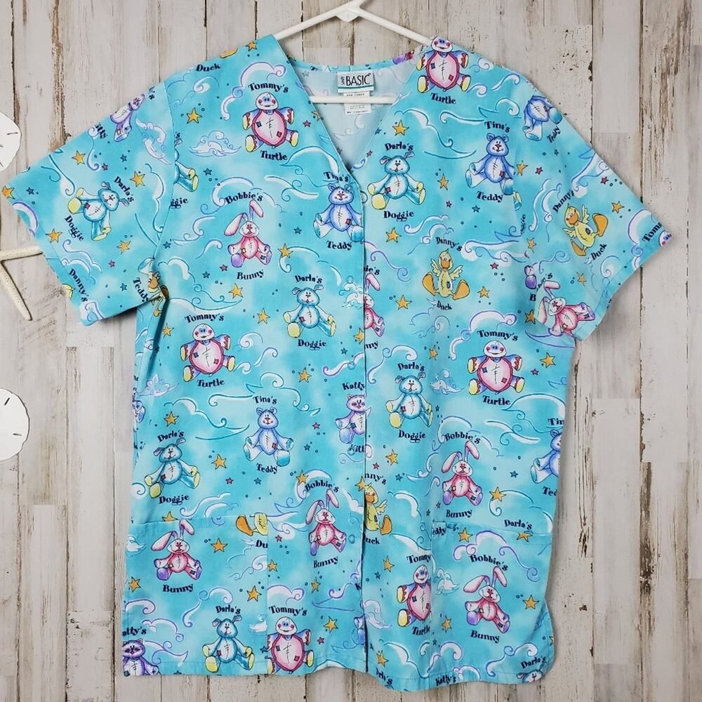 Simply Basic Button-Down Scrub Shirt Blue Size Large